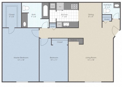 Floor plan for 2 beds, 1.5 baths, 1000 sqft